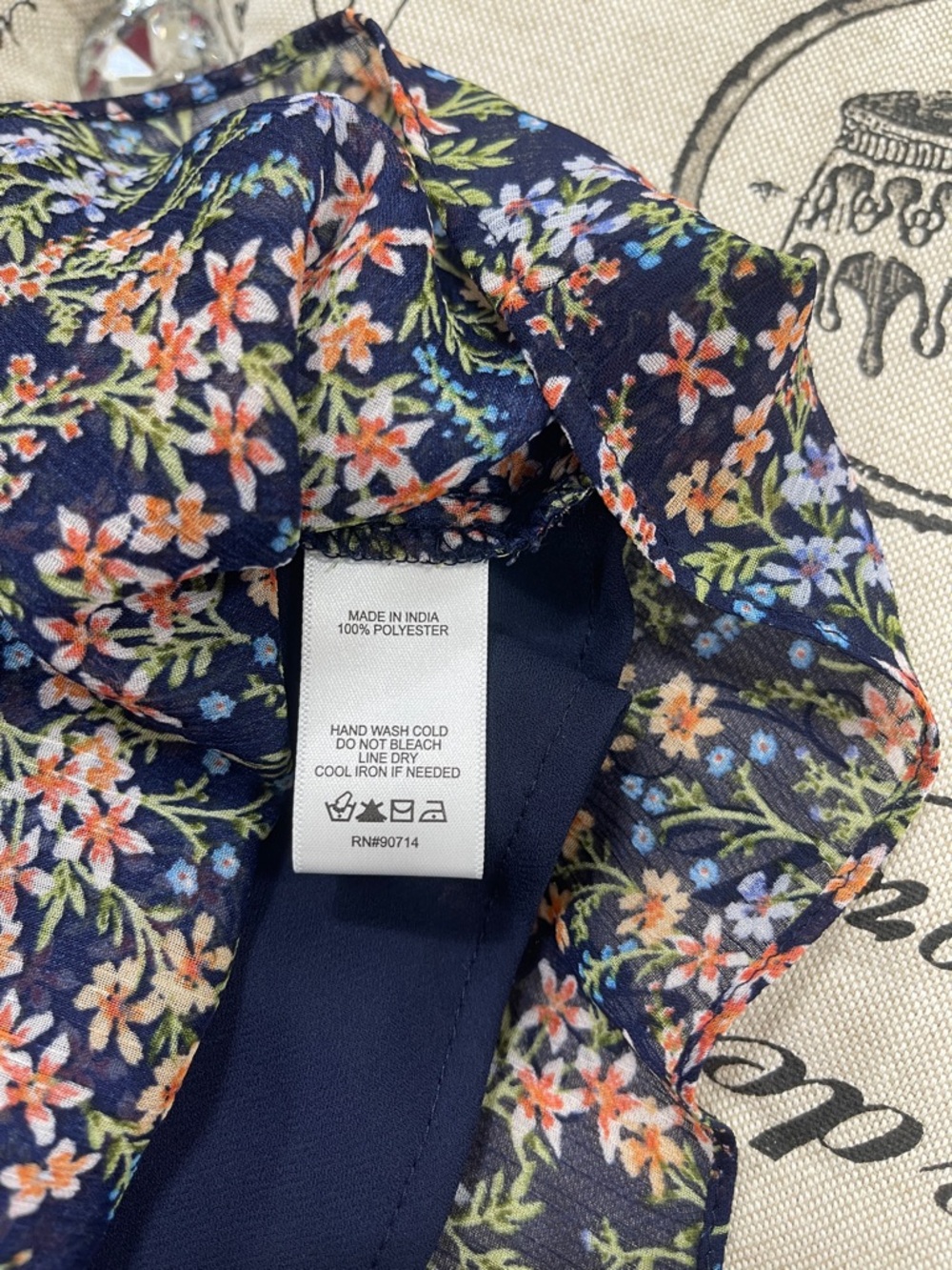 CeCe Navy Floral Button-Front Top with Ruffle Trim - Picture 8 of 10